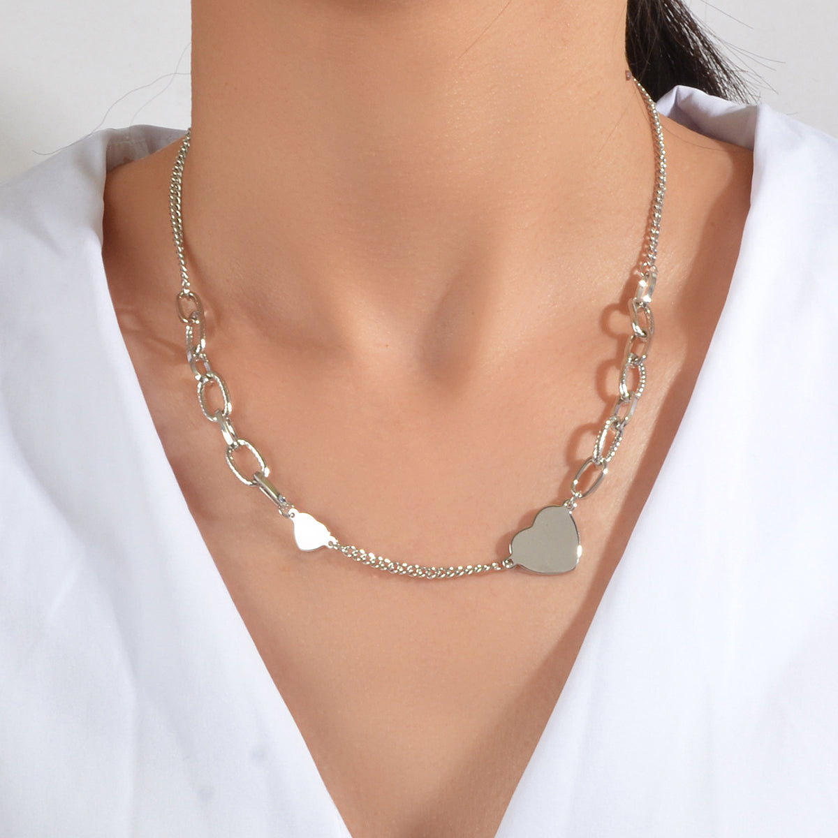 Women Silver Chain Heart Charm Collar Necklace Good Quality Fashion Accessories