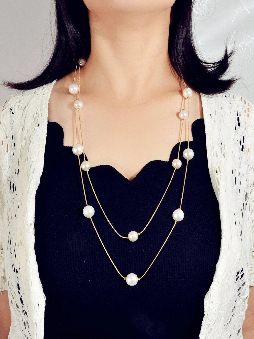 Doppellagige Perlen-Deko Gold-Silber-Kette Lange Halskette Modeaccessoires