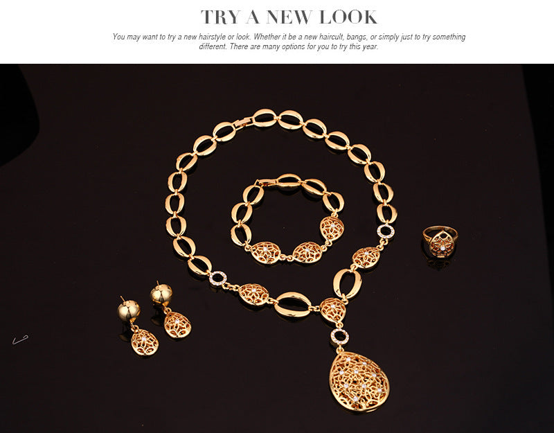 Luxuriöses 4-teiliges Goldschmuckset – Halskette, Ohrringe, Armband & Ring