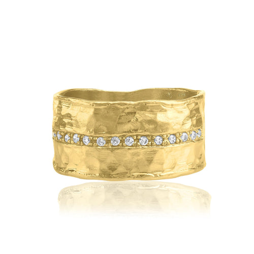 14K Gold Over Sterling Silver Statement Rings With 0.13 TCW Half Eternity Cubic Zirconia Hammered Wide Band Gold Rings Gifts For Women Aesthetic Jewelry Rings For Women Jewelry For Women Size 5