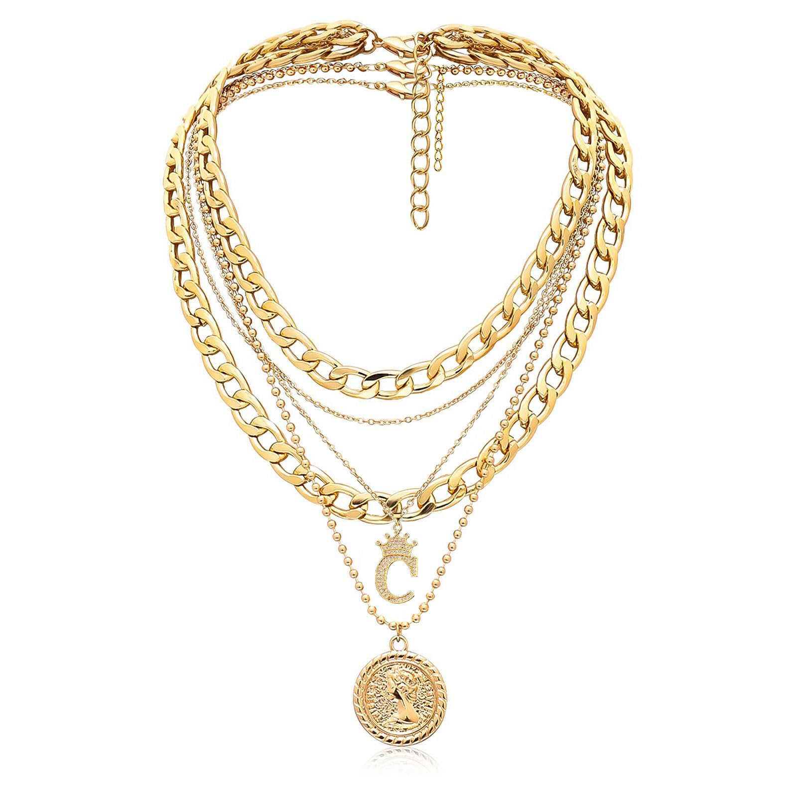 Gold Coin Crown Letter Pendant Necklace