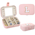 Fengligoo Initial L Jewelry Box Organizer Pink Travel Jewelry Case with Mirror PU Leather Jewelry Box for Travel Personalized Birthday Gift for Women Girls