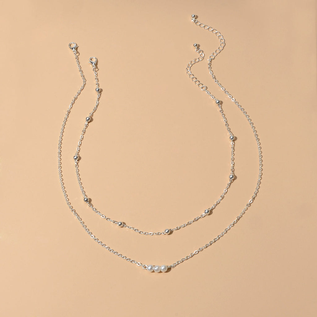 2pcs Female Jewellery Gold Silver Chain Beads Pearl Necklace Fashion Accessories