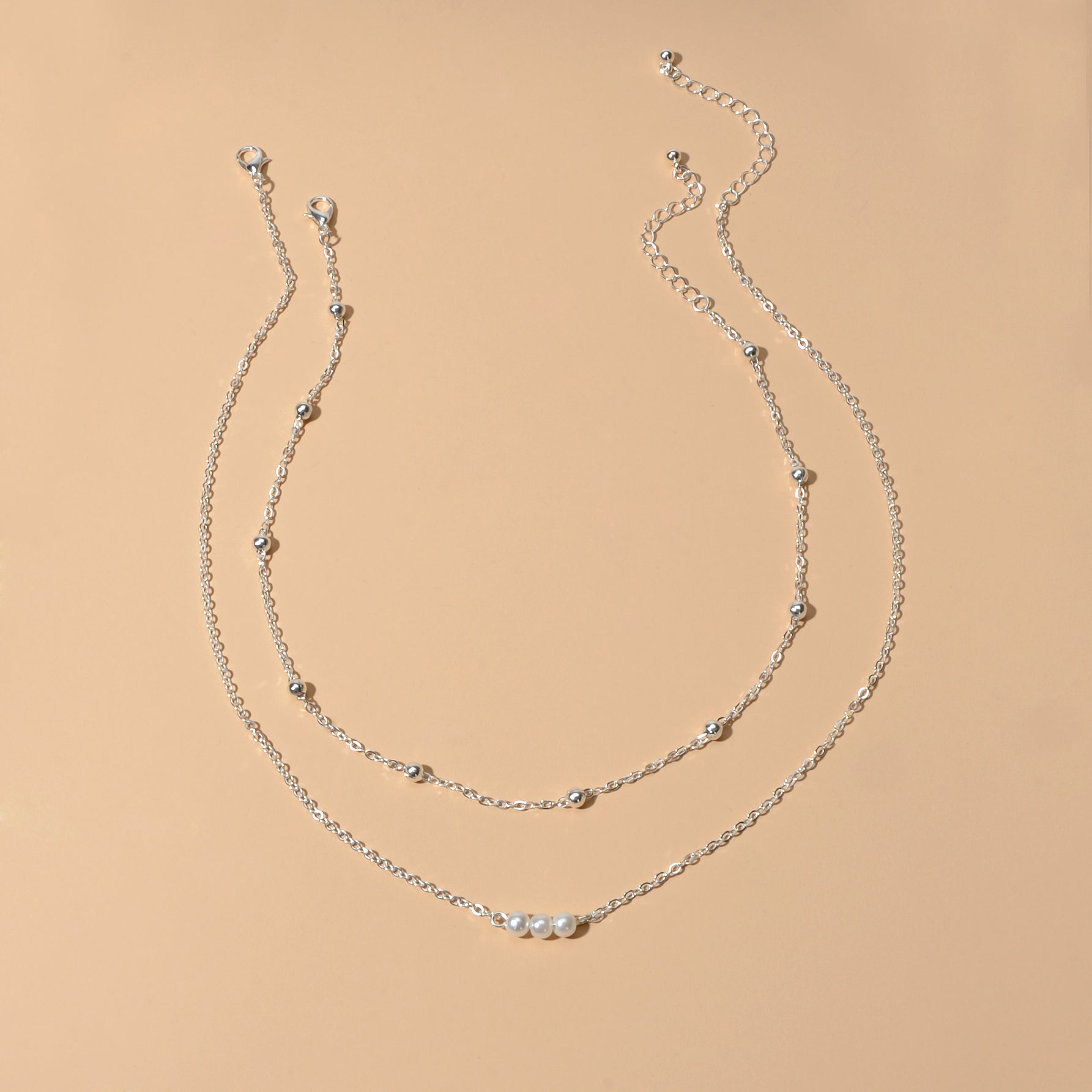 2pcs Female Jewellery Gold Silver Chain Beads Pearl Necklace Fashion Accessories