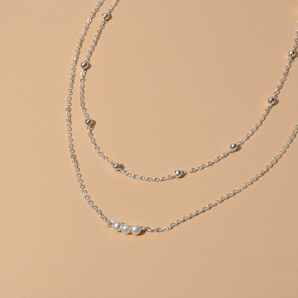 2pcs Female Jewellery Gold Silver Chain Beads Pearl Necklace Fashion Accessories