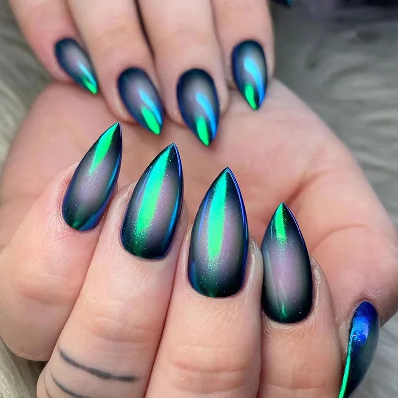 Glänzende Stiletto Black Cat's Eye Press-On-Nägel