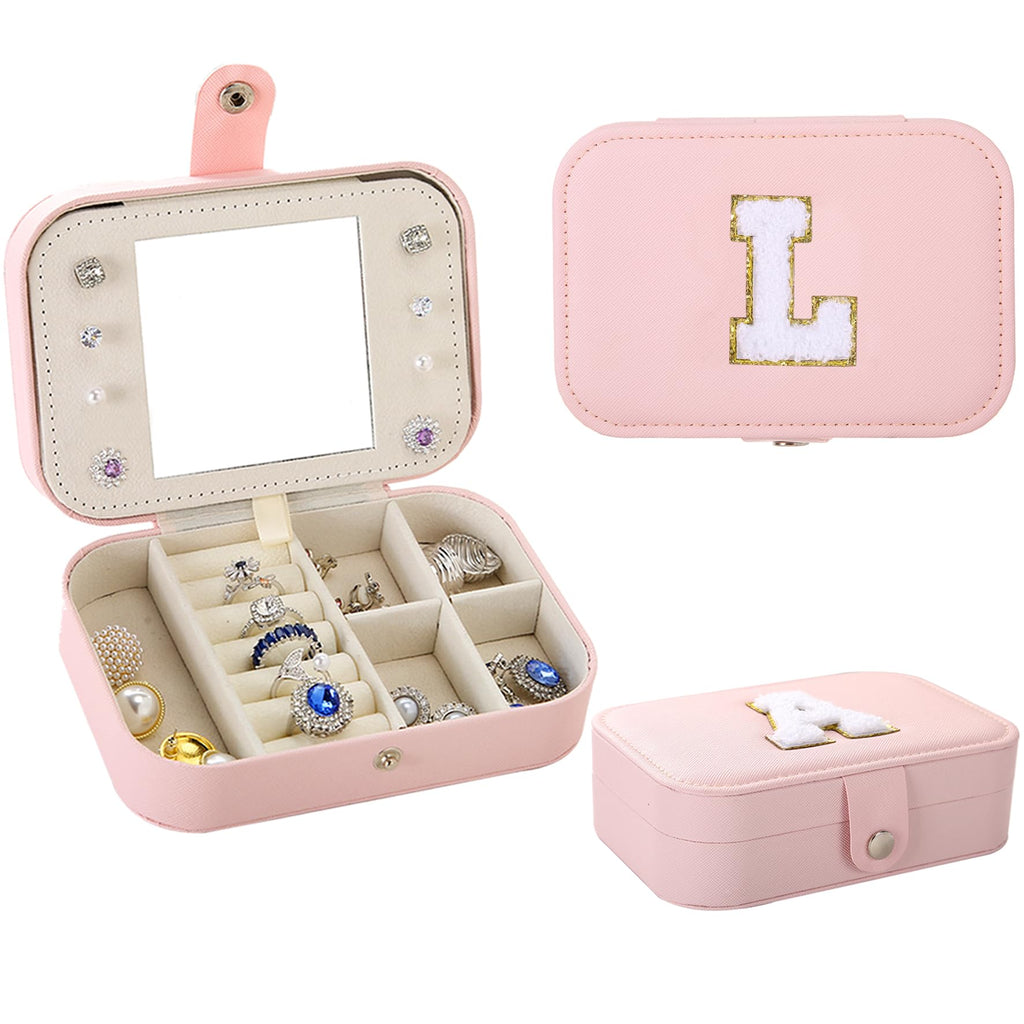 Fengligoo Initial L Jewelry Box Organizer Pink Travel Jewelry Case with Mirror PU Leather Jewelry Box for Travel Personalized Birthday Gift for Women Girls