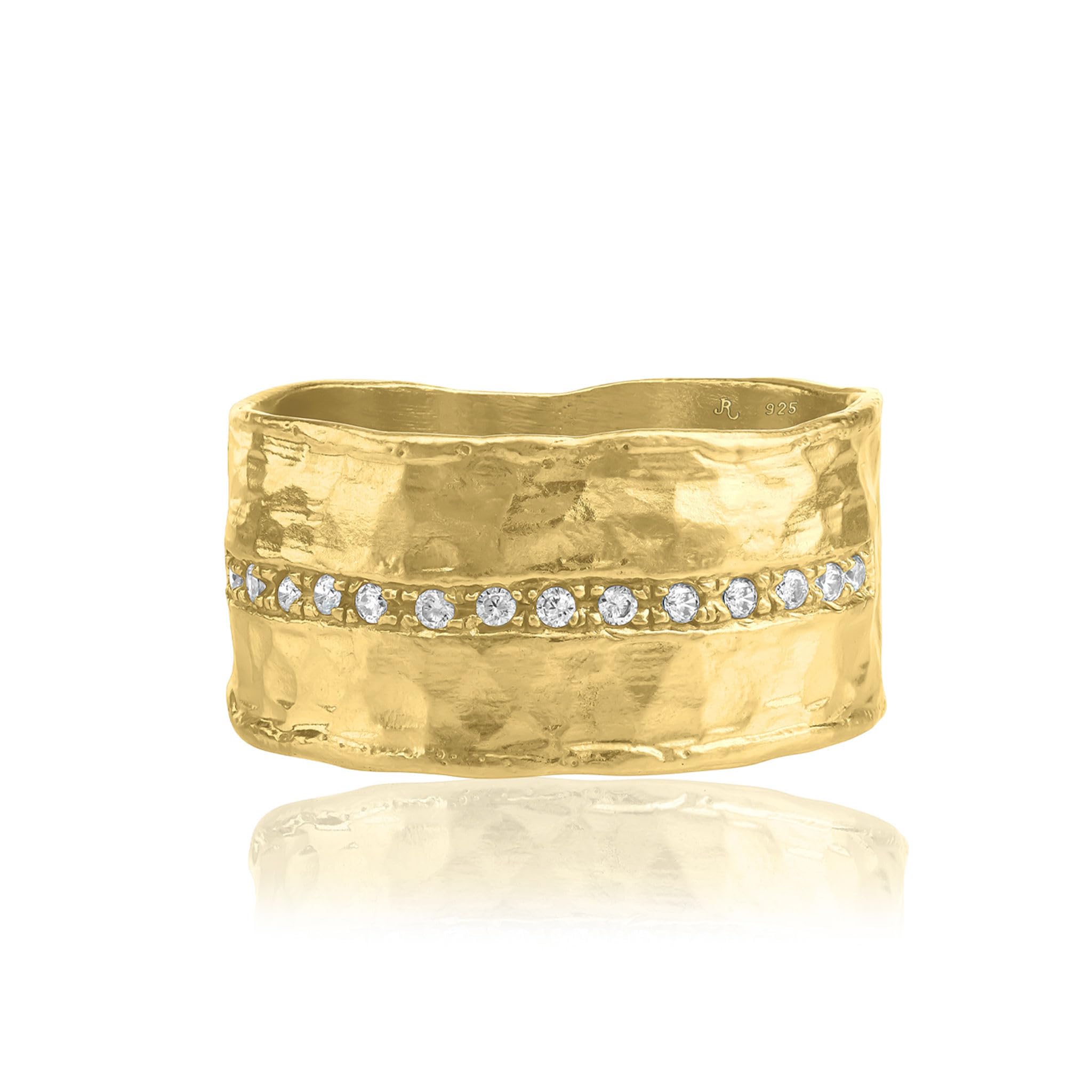 14K Gold Over Sterling Silver Statement Rings With 0.13 TCW Half Eternity Cubic Zirconia Hammered Wide Band Gold Rings Gifts For Women Aesthetic Jewelry Rings For Women Jewelry For Women Size 5