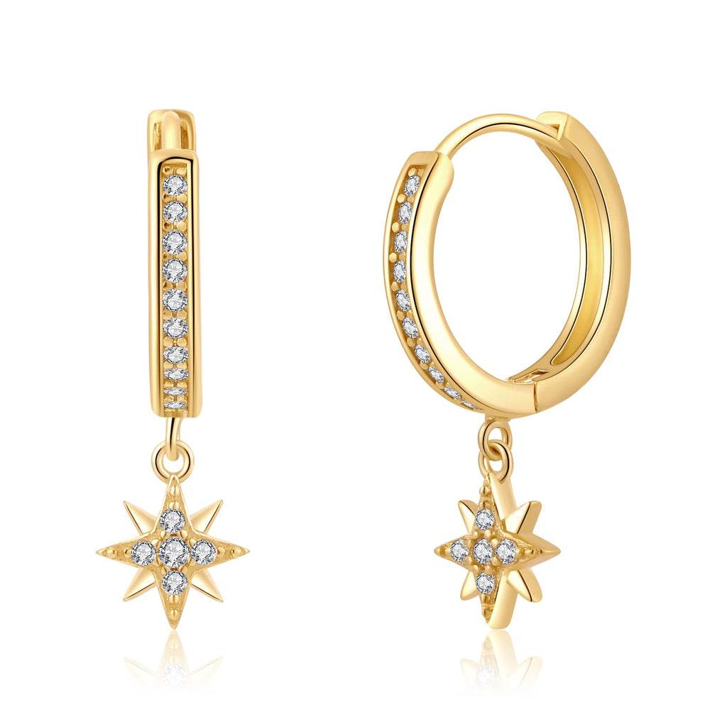 14K Gold Star Dangle Hoop Earrings