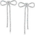 Silver Bow Earrings for Women - Long Silver Earrings for Women Silver Tone Bow Stud Earrings for Women Dangling Earrings for Women Sparkly Dangle Earrings Bow Earrings Silver Statement Earrings
