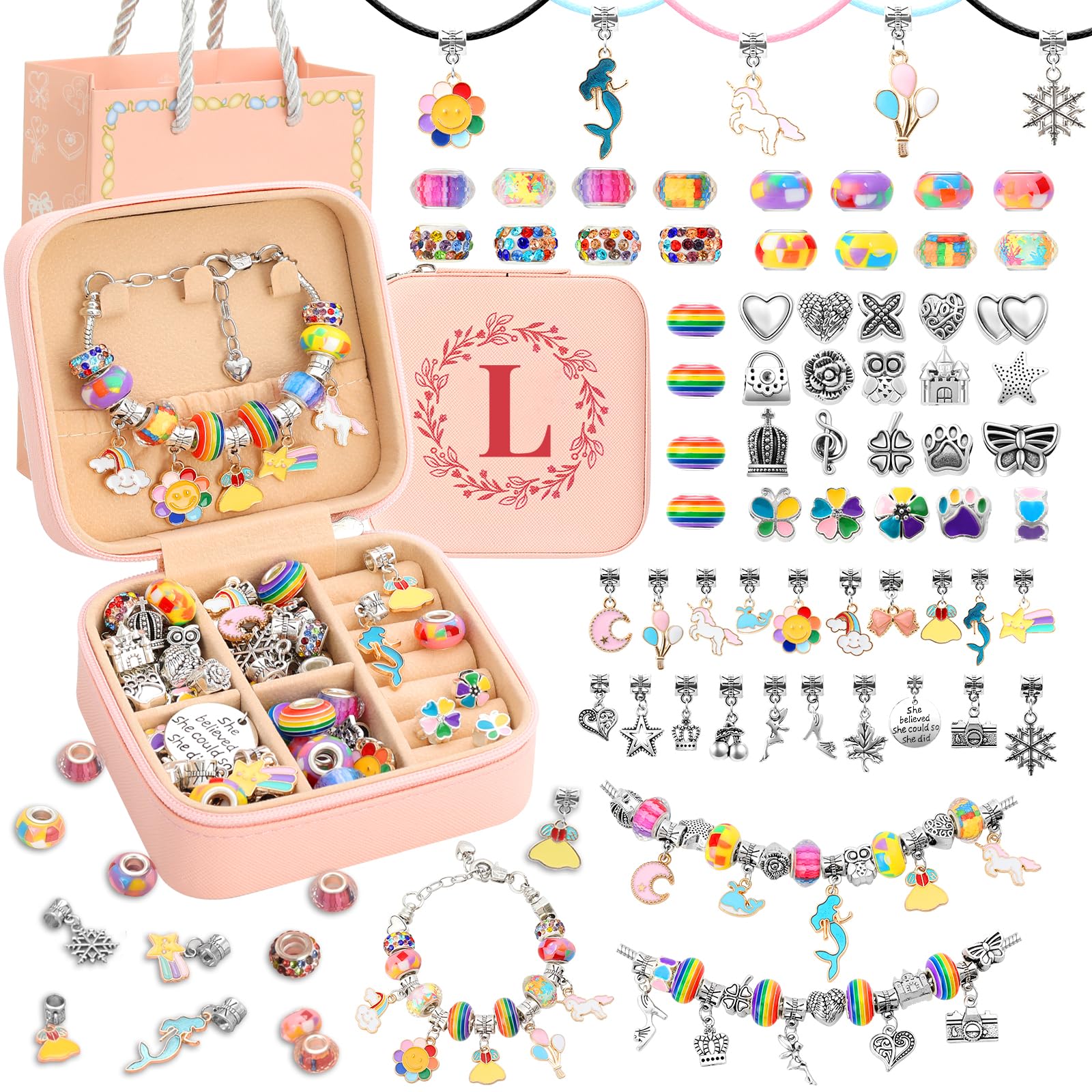 Charm-Armband Bastelset für Mädchen 3-12 Kinder Schmuckherstellungsset 66-tlg Schmucksets für Mädchen im Alter von 8-12 Schmuckhersteller Bastelset Halskette Geburtstag Weihnachtsgeschenke mit Buchstaben Schmuckorganisator Box - L